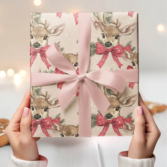 Cute Deer with Red Bow Neutral Christmas  Wrapping Paper (Creator Uploaded)
