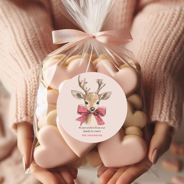 Cute Deer with Red Bow | Pink  Christmas  Classic Round Sticker (Creator Uploaded)