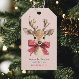 Cute Deer with Red Bow   Pink Christmas  Gift Tags