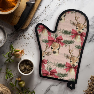 Cute Deer with Red Bow   Pink Christmas  Oven Mitt