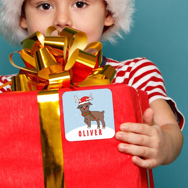Cute Deer with Santa Hat Christmas Kid Square Sticker (Creator Uploaded)