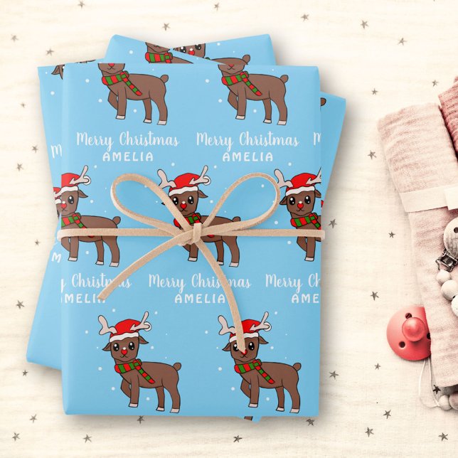 Cute Deer with Santa Hat Kids Blue Wrapping Paper (Creator Uploaded)