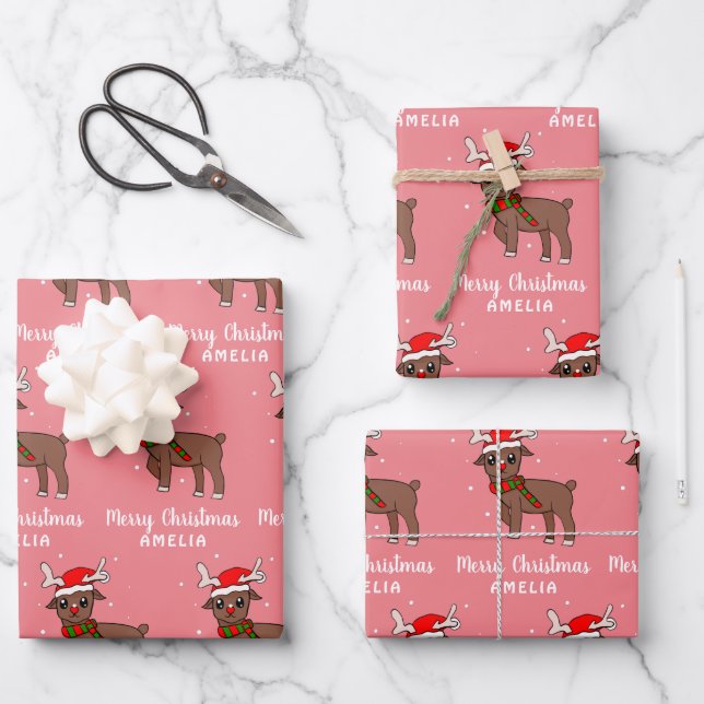 Cute Deer with Santa Hat Kids Pink Wrapping Paper Sheet (Front)