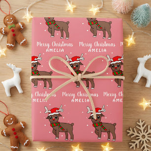 Cute Deer with Santa Hat Kids Pink Wrapping Paper Sheet