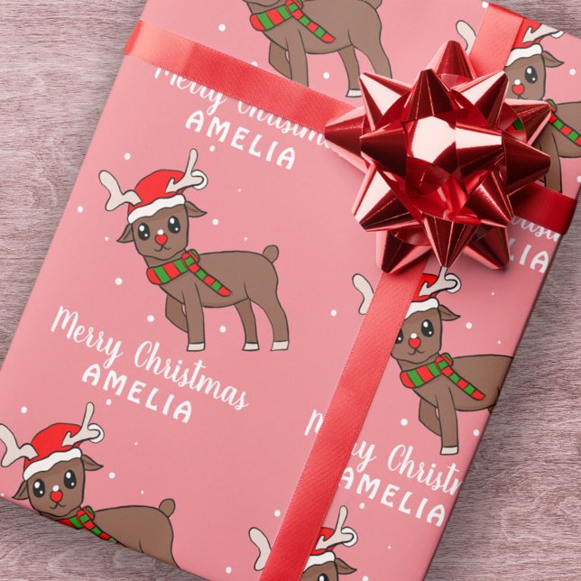 Cute Deer with Santa Hat Pink Kids  Wrapping Paper (Creator Uploaded)