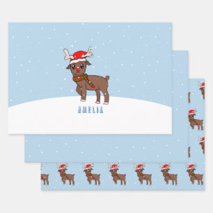 Cute Deer with Santa Hat Snow Christmas Kid Wrapping Paper Sheet