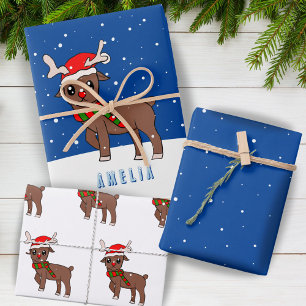 Cute Deer with Santa Hat Snow Christmas Kid Wrapping Paper Sheet