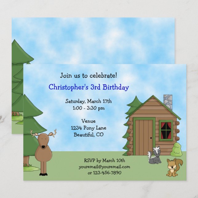 Cute Deer, Woodland Animals and Cabin Birthday Invitation (Front/Back)
