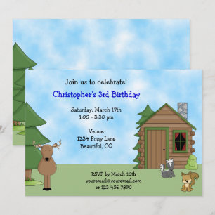 Cute Deer, Woodland Animals and Cabin Birthday Invitation