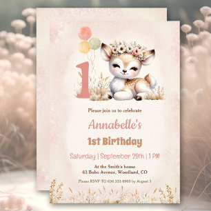 Cute Deer Woodland Boho Girl 1st Birthday  Invitation