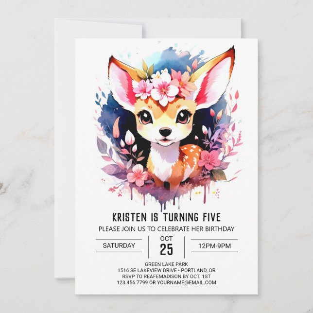 Cute Deer Woodland Pink Girl Birthday Invitation (Front)
