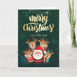 Cute Deers,Santa Claus Green Holiday Card