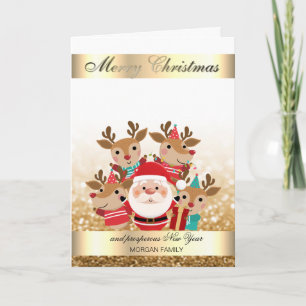 Cute Deers,Santa Gold Bokeh Holiday Card