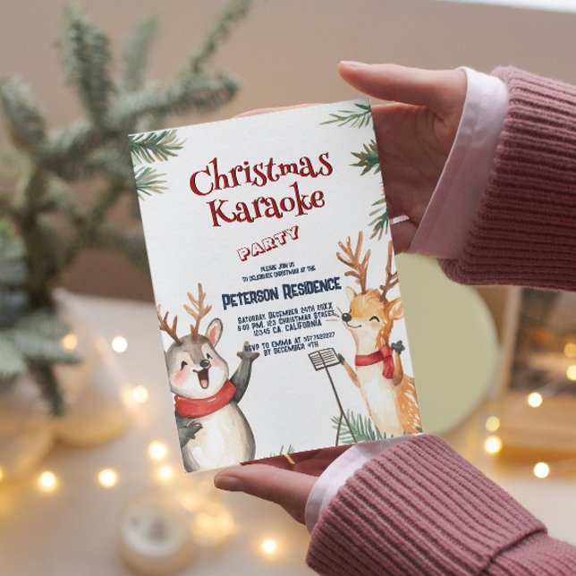 Cute Deers Singing Christmas Karaoke Party  Invitation (Creator Uploaded)