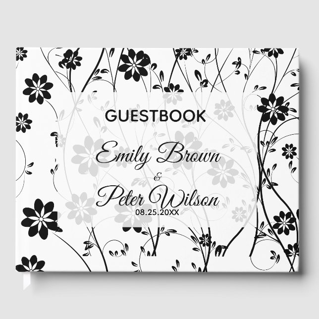 Cute Delicate Black Flowers Guest Book (Front)