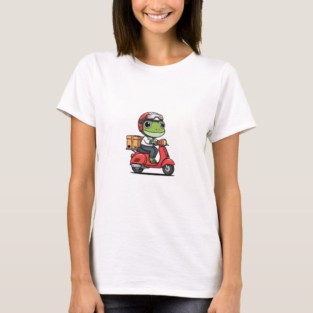 Cute Delivery Frog Riding Red Retro Scooter T-Shirt (Front)