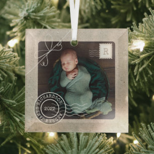 Cute Delivery Parcel Baby Birth Announcement Photo Glass Tree Decoration