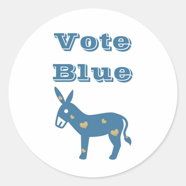Cute Democratic Donkey & Hearts VOTE BLUE  Classic Round Sticker (Front)