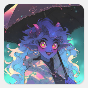 Cute Demon Anime Girl in the Rain Square Sticker