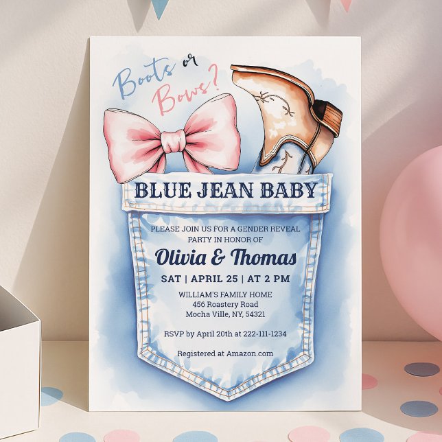 Cute Denim Boots or Bows Gender Reveal Invitation (Creator Uploaded)