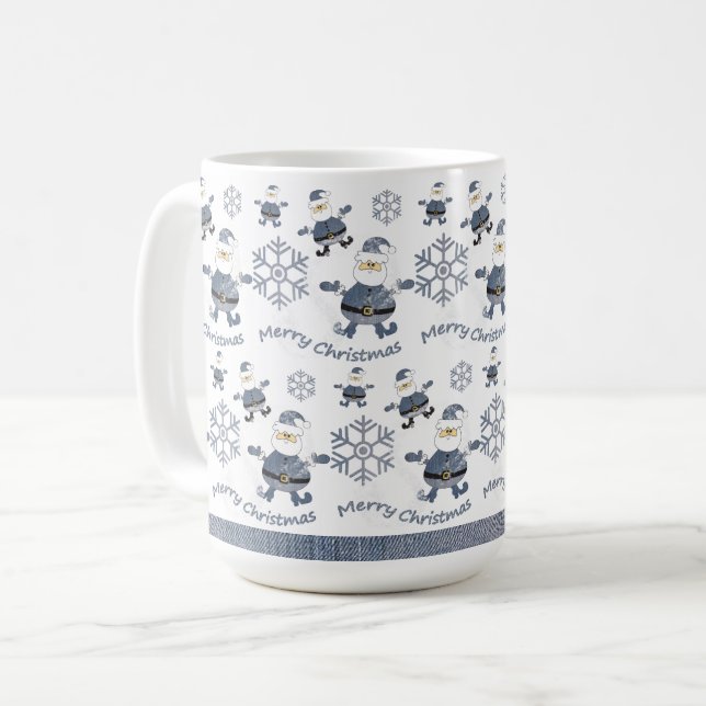 Cute Denim Christmas Santa Pattern Coffee Mug (Front Left)