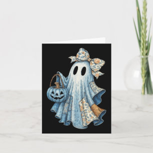 Cute Denim Ghost With Floral Bow Halloween Aesthet Card