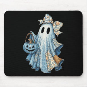 Cute Denim Ghost With Floral Bow Halloween Aesthet Mouse Mat