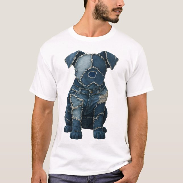 Cute Denim Patchwork Art Dog T-Shirt (Front)