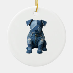 Cute Denim Patchwork Art Dog T-Shirt Ceramic Tree Decoration