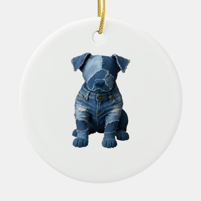 Cute Denim Patchwork Art Dog T-Shirt Ceramic Tree Decoration (Front)