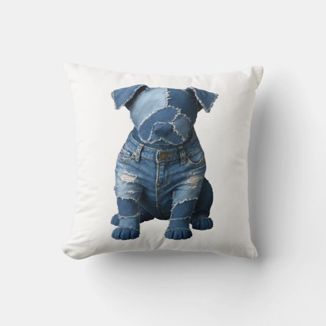 Cute Denim Patchwork Art Dog T-Shirt Cushion (Front)