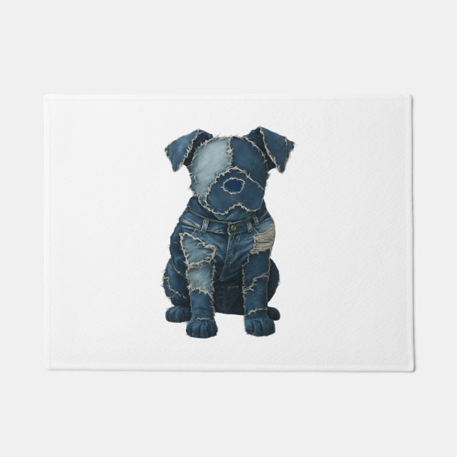 Cute Denim Patchwork Art Dog T-Shirt Doormat (Front)