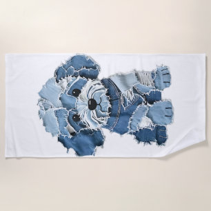 Cute Denim Patchwork Dog Illustration Beach Towel
