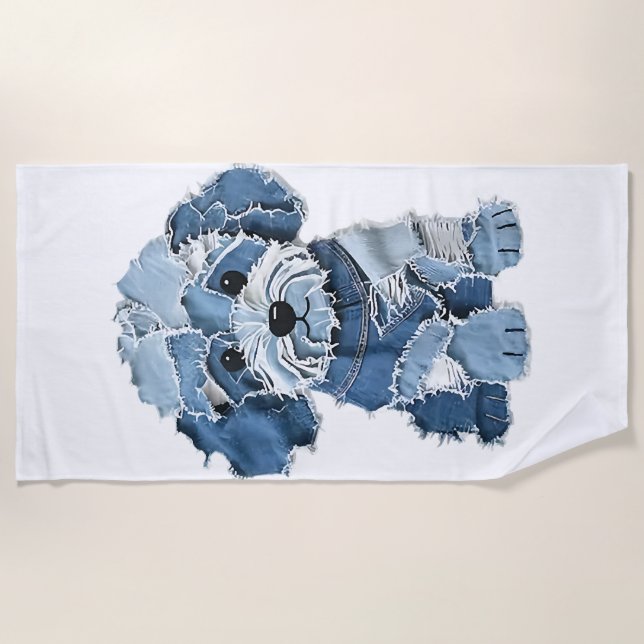 Cute Denim Patchwork Dog Illustration Beach Towel (Front)