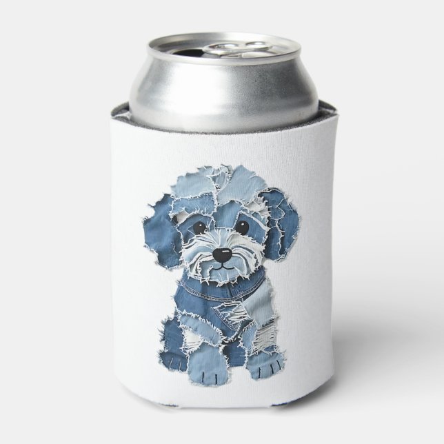Cute Denim Patchwork Dog Illustration Can Cooler (Can Front)