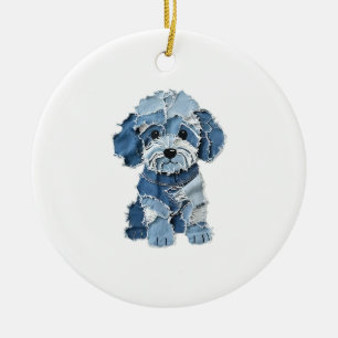 Cute Denim Patchwork Dog Illustration Ceramic Tree Decoration