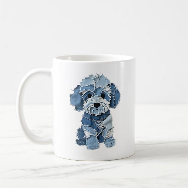 Cute Denim Patchwork Dog Illustration Coffee Mug (Left)