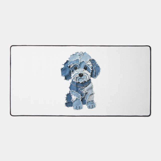 Cute Denim Patchwork Dog Illustration Desk Mat (Front)