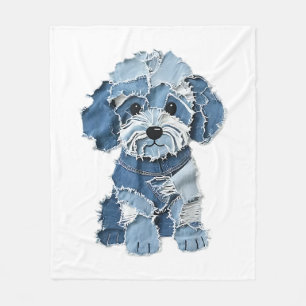 Cute Denim Patchwork Dog Illustration Fleece Blanket
