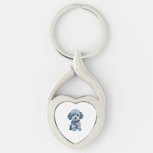 Cute Denim Patchwork Dog Illustration Key Ring