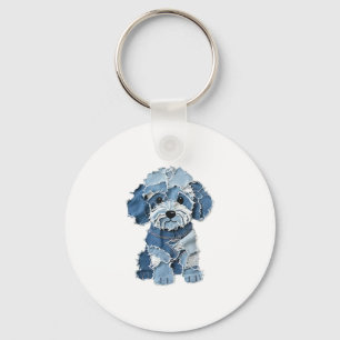 Cute Denim Patchwork Dog Illustration Key Ring