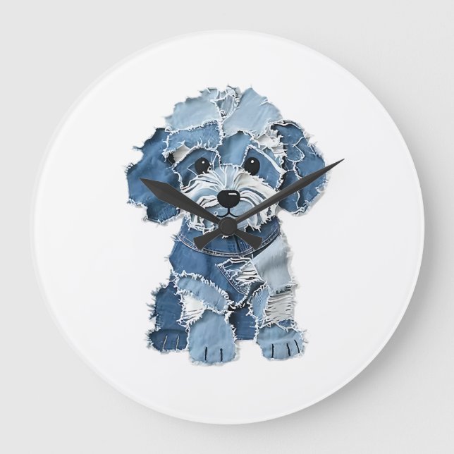 Cute Denim Patchwork Dog Illustration Large Clock (Front)