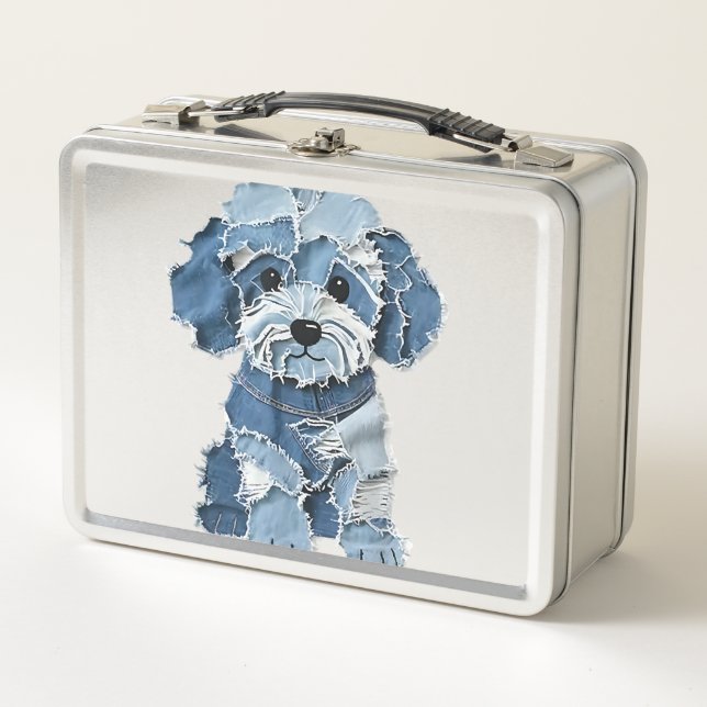 Cute Denim Patchwork Dog Illustration Metal Lunch Box (Front)