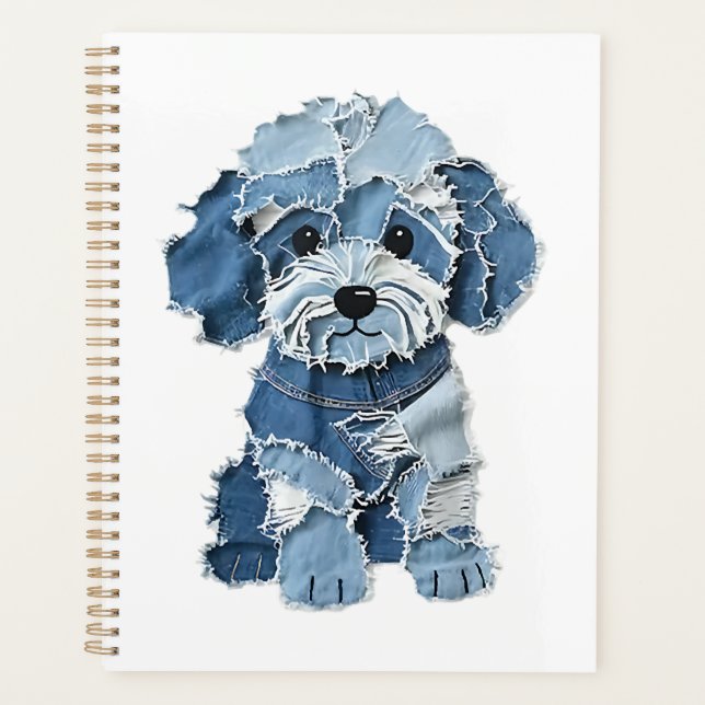 Cute Denim Patchwork Dog Illustration Planner (Front)
