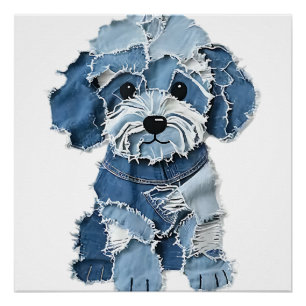 Cute Denim Patchwork Dog Illustration Poster