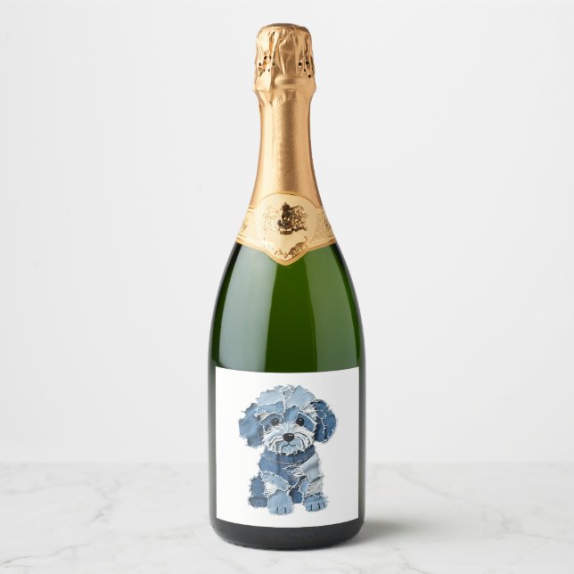 Cute Denim Patchwork Dog Illustration Sparkling Wine Label (Front)