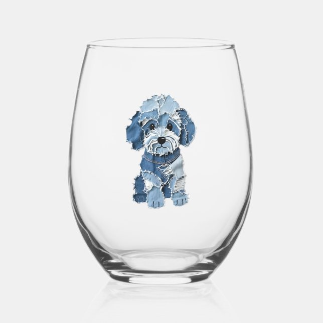Cute Denim Patchwork Dog Illustration Stemless Wine Glass (Front)