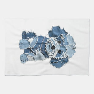 Cute Denim Patchwork Dog Illustration Tea Towel