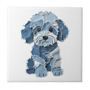 Cute Denim Patchwork Dog Illustration Tile