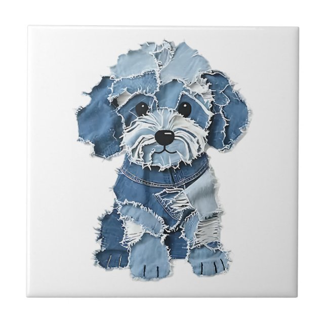 Cute Denim Patchwork Dog Illustration Tile (Front)